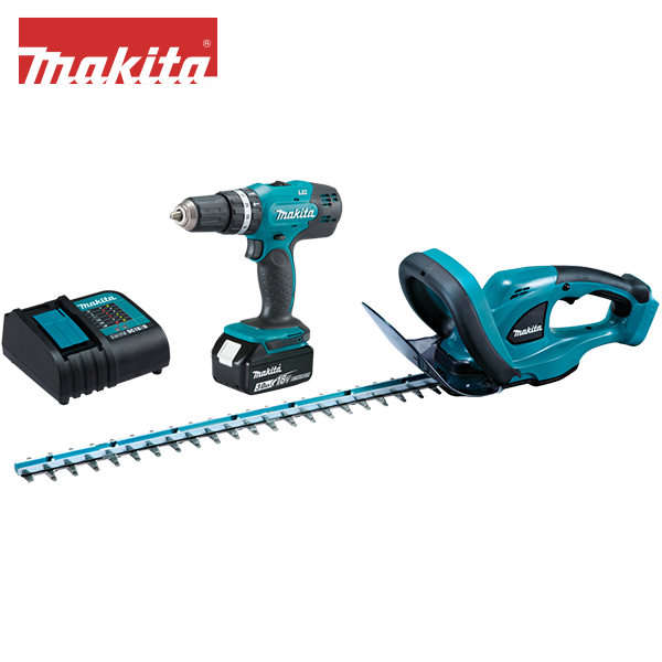 Makita s&aelig;t med h&aelig;kkeklipper og skruemaskine